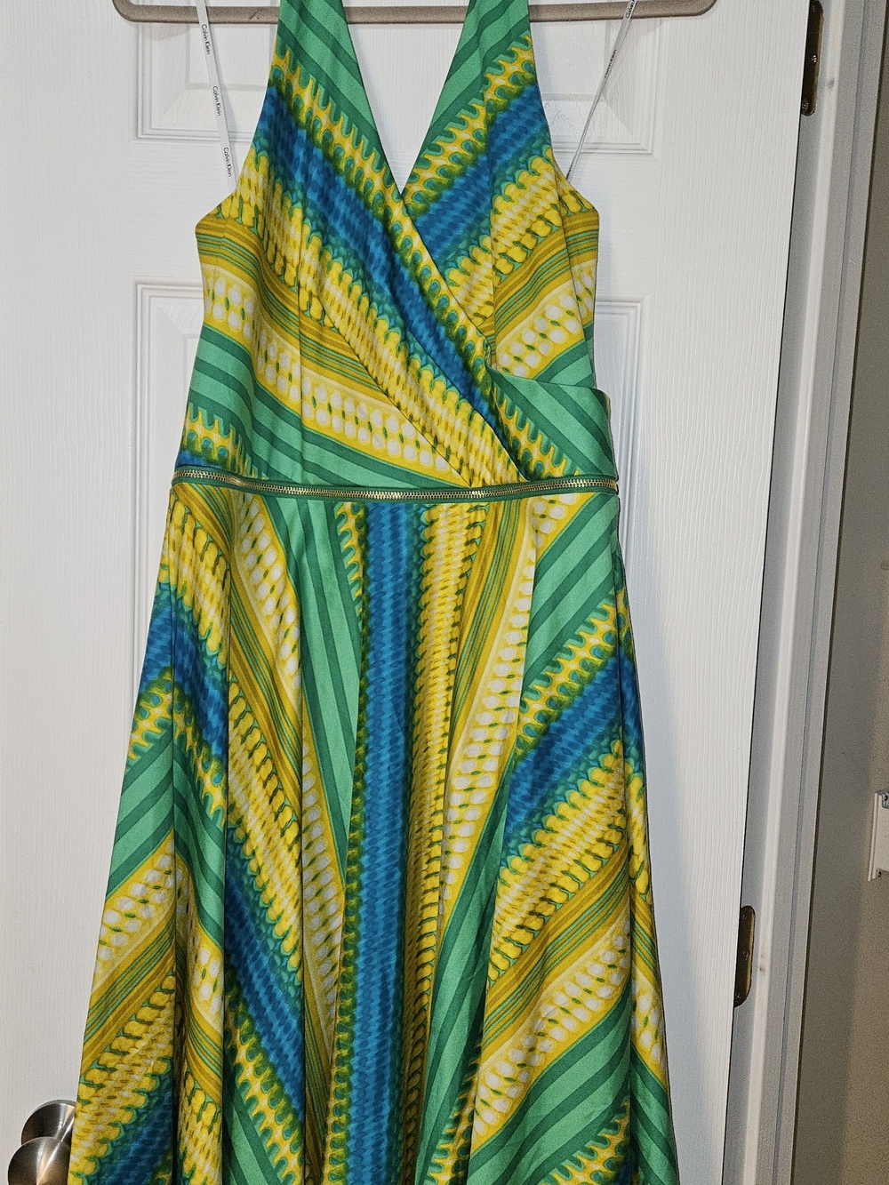 Calvin Klein Vibrant Green, Blue & Yellow Patterned Halter V-Neck Dress